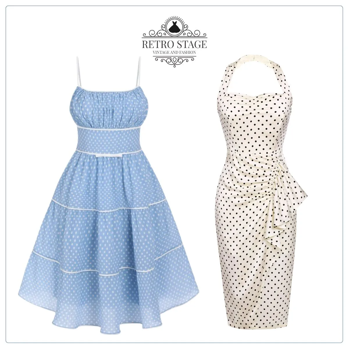 2PCS Polka Dot Ivory Pencil Dress & Sky Blue Strap Dress