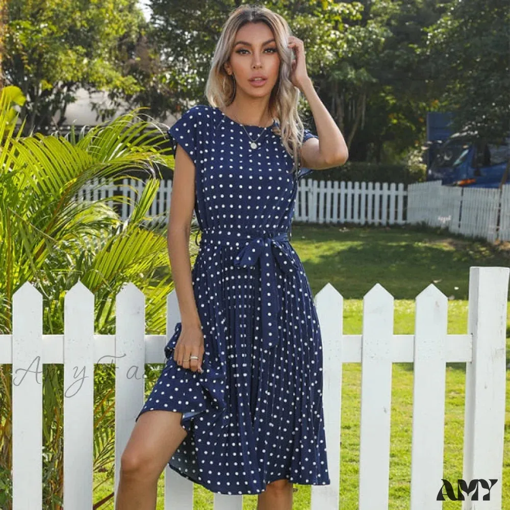 Amy Fashion - New Polka Dots Sleeveless Pleated Dresses