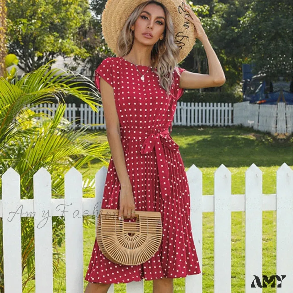 Amy Fashion - New Polka Dots Sleeveless Pleated Dresses