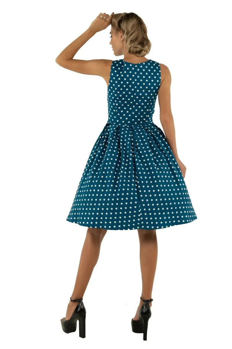 Annie Retro Polka Dot Dress in Peacock Blue