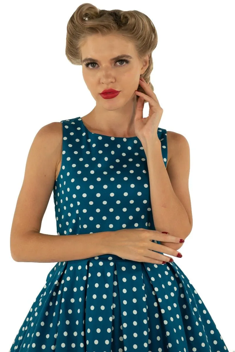 Annie Retro Polka Dot Dress in Peacock Blue