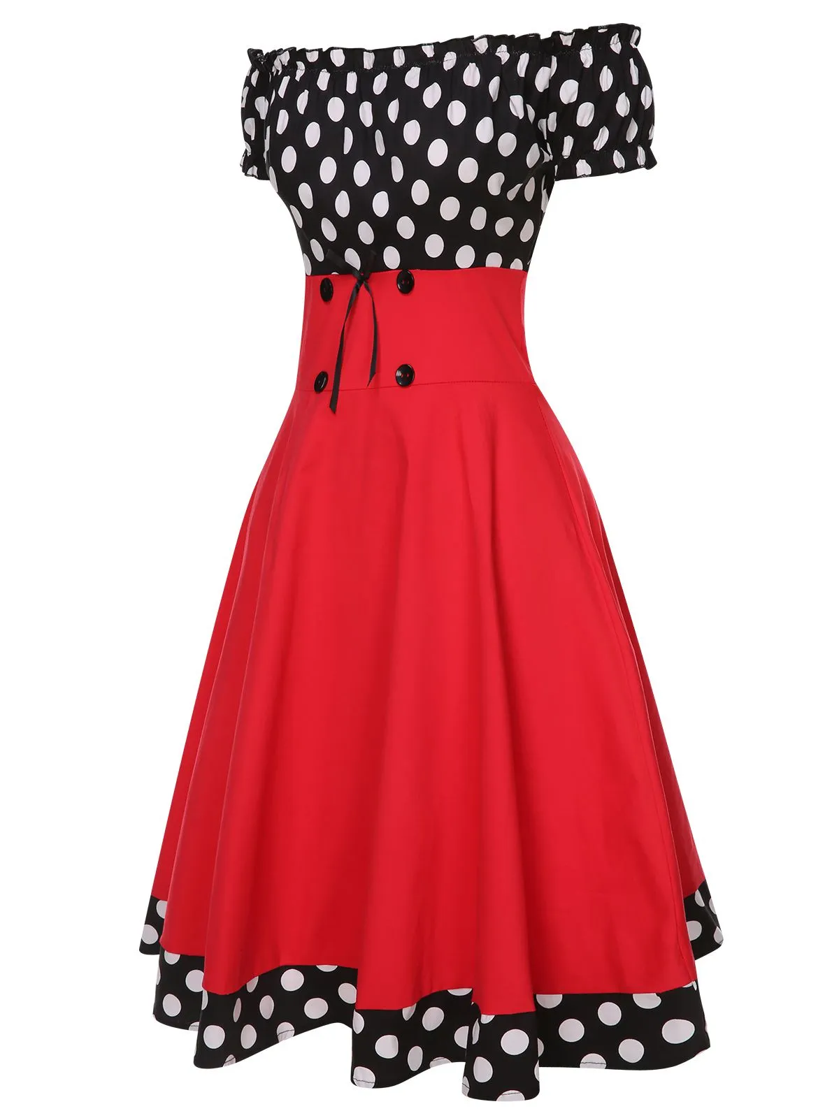 Black & Red 1950s Polka Dots Off Shoulder Dress