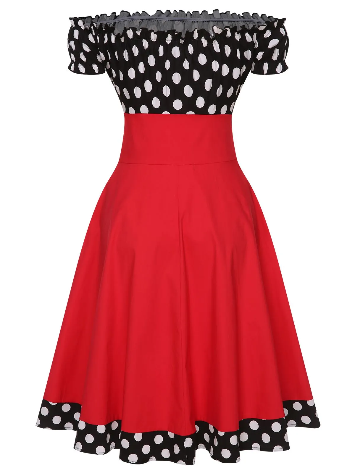 Black & Red 1950s Polka Dots Off Shoulder Dress