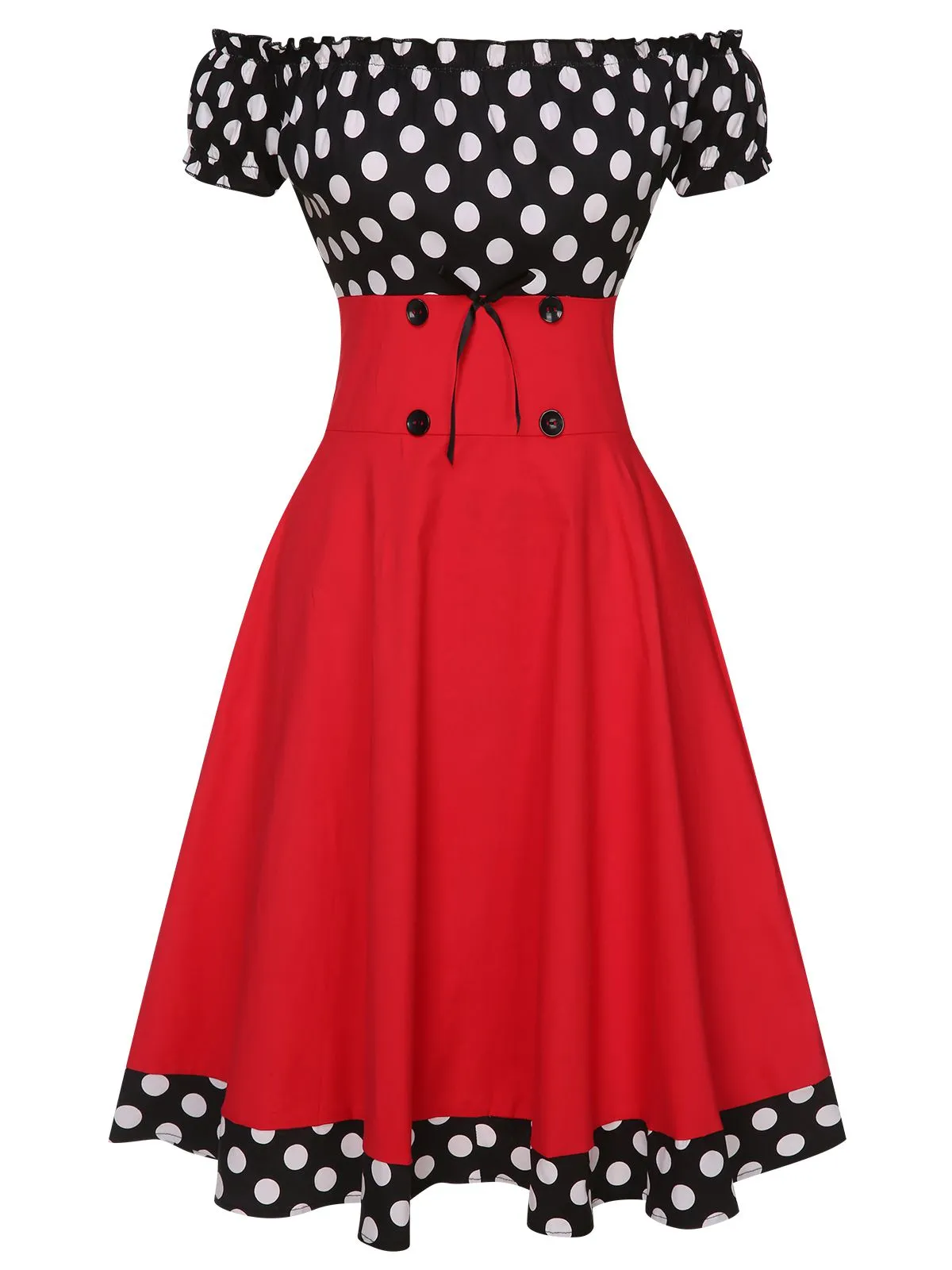 Black & Red 1950s Polka Dots Off Shoulder Dress