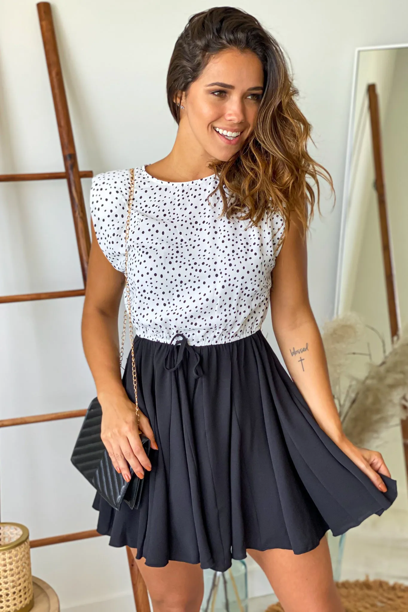 Black And White Polka Dot Ruffled Short Dress