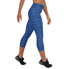 Blue Plaid Print Yoga Capris, Royal Blue Tartan Print Women's Yoga Capri Leggings-Made in USA/EU