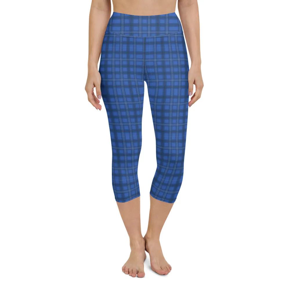 Blue Plaid Print Yoga Capris, Royal Blue Tartan Print Women's Yoga Capri Leggings-Made in USA/EU