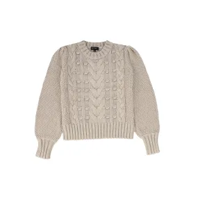 C14642-CABLE KNIT PUFF SLEEVE SWEATER-Oatmeal