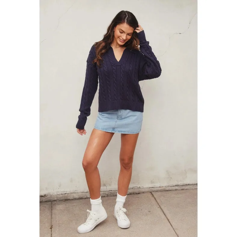 Cable Knit Collared Sweater NAVY