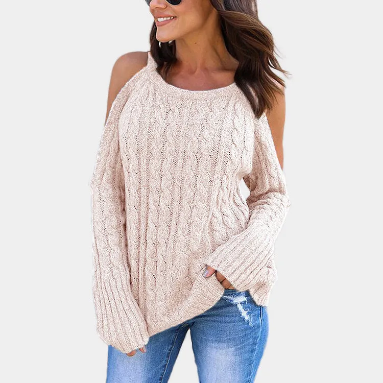 Cable Knit Scoop Bare Shoulder Women Loose Sweater