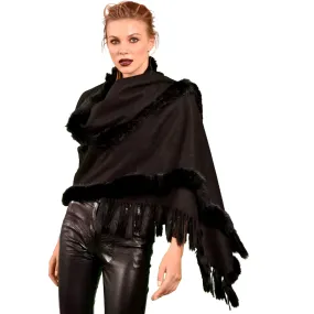 Cashmere Wrap with Rex Rabbit trim/tails - BLACK