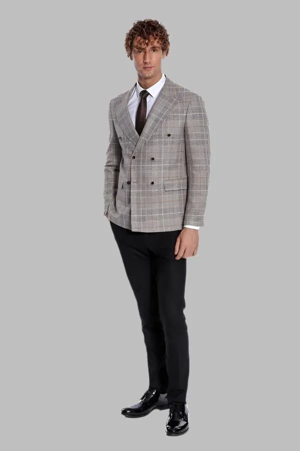 Checked Double Breasted Brown Men Blazer - Wessi