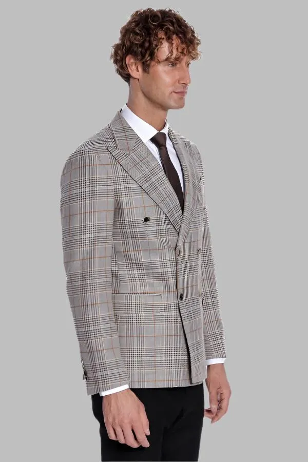 Checked Double Breasted Brown Men Blazer - Wessi