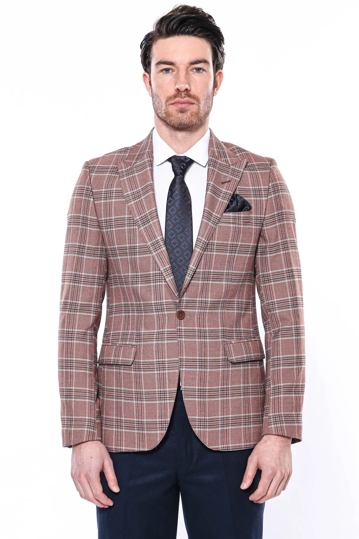 Checked Single Button Burgundy Men Blazer - Wessi