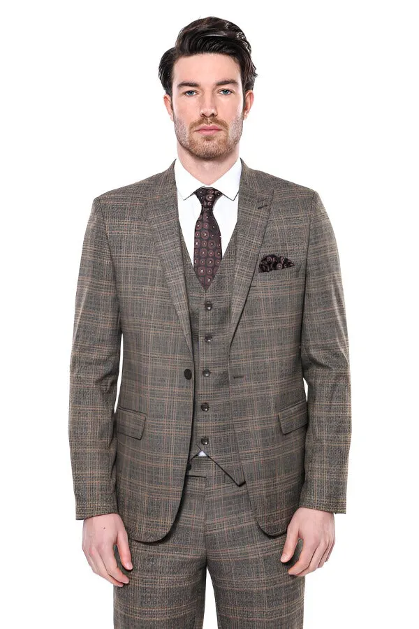 Checked Slim-Fit Brown Men Blazer - Wessi