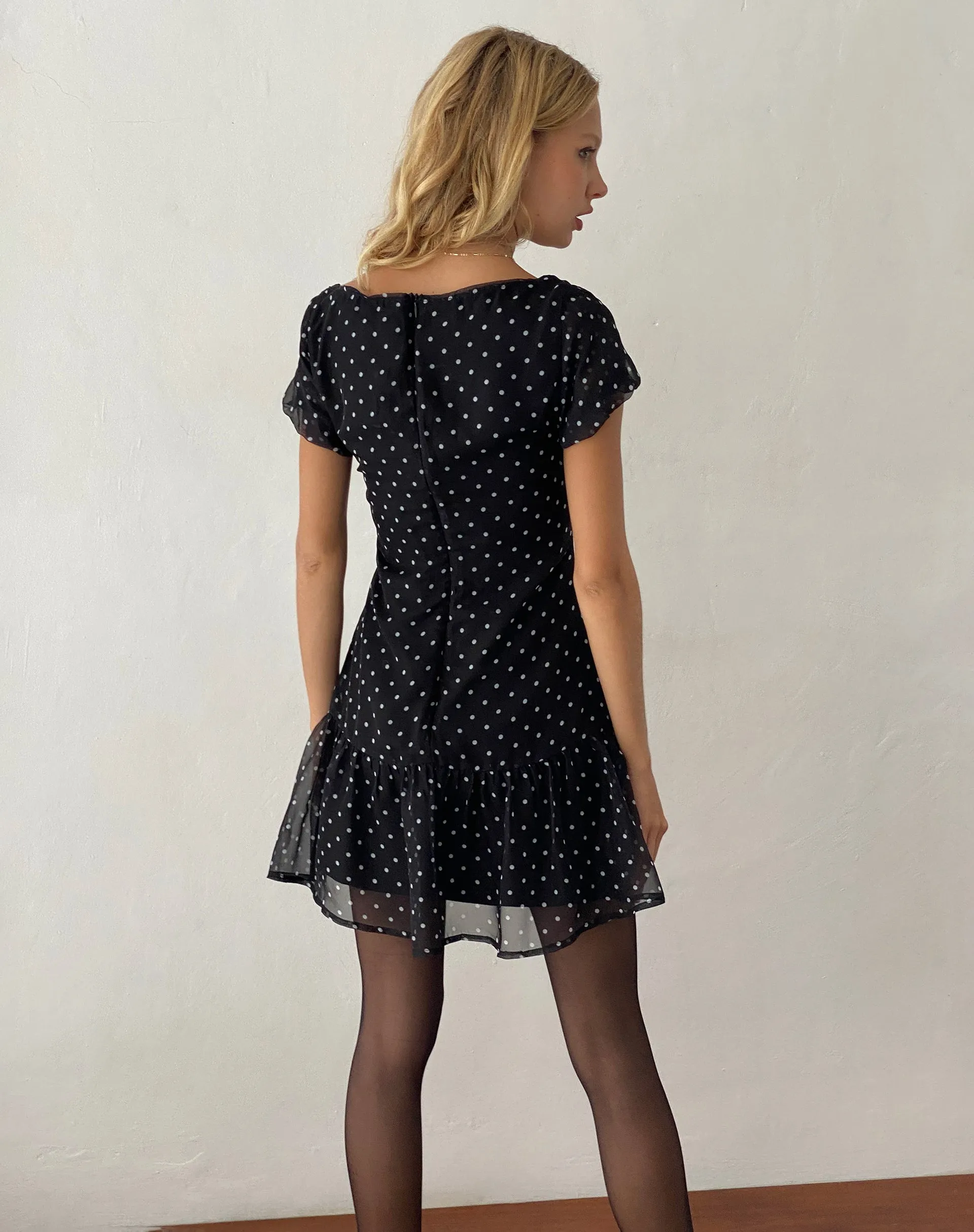 Clara Mini Dress in Polka Black Chiffon