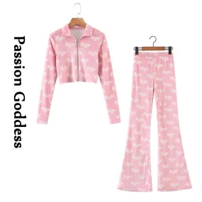 cold weather outfits Joskaa Cute Women 2 Piece Velvet Sets Loungewear Tracksuits Babe Letter Printed Zipper Jackets High Waist Flare Pants Two Piece Outfits