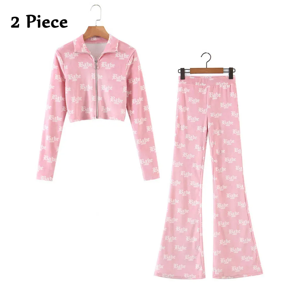 cold weather outfits Joskaa Cute Women 2 Piece Velvet Sets Loungewear Tracksuits Babe Letter Printed Zipper Jackets High Waist Flare Pants Two Piece Outfits