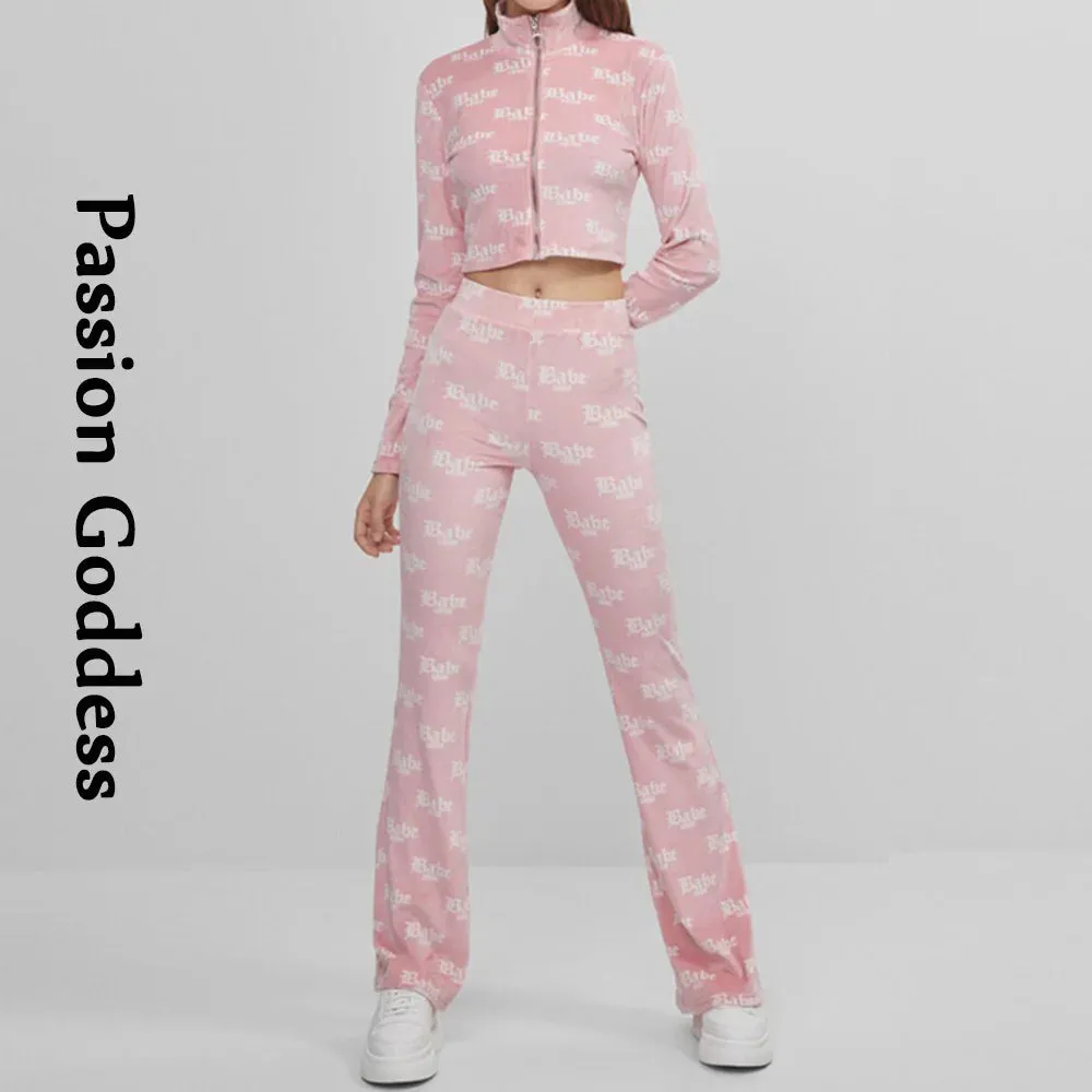 cold weather outfits Joskaa Cute Women 2 Piece Velvet Sets Loungewear Tracksuits Babe Letter Printed Zipper Jackets High Waist Flare Pants Two Piece Outfits