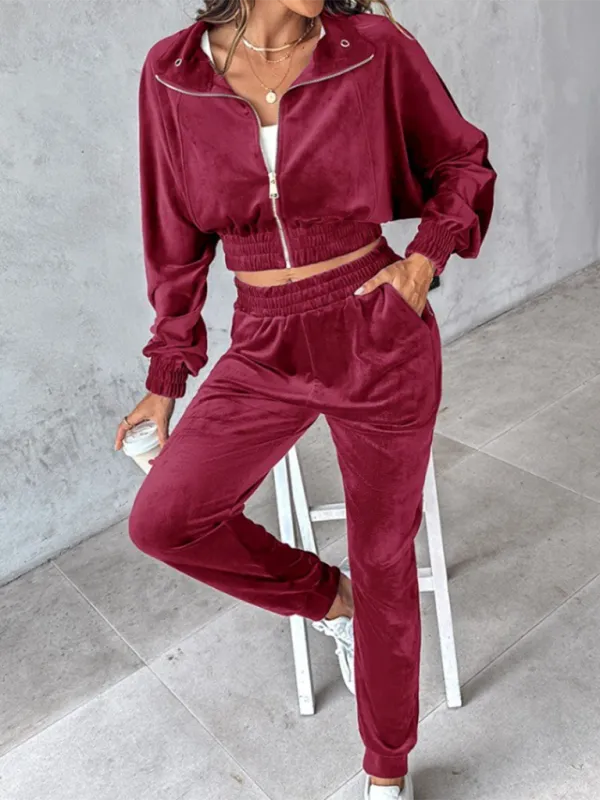 Comfy Velvet Tracksuit - Velour Jogger Pants & Crop Top