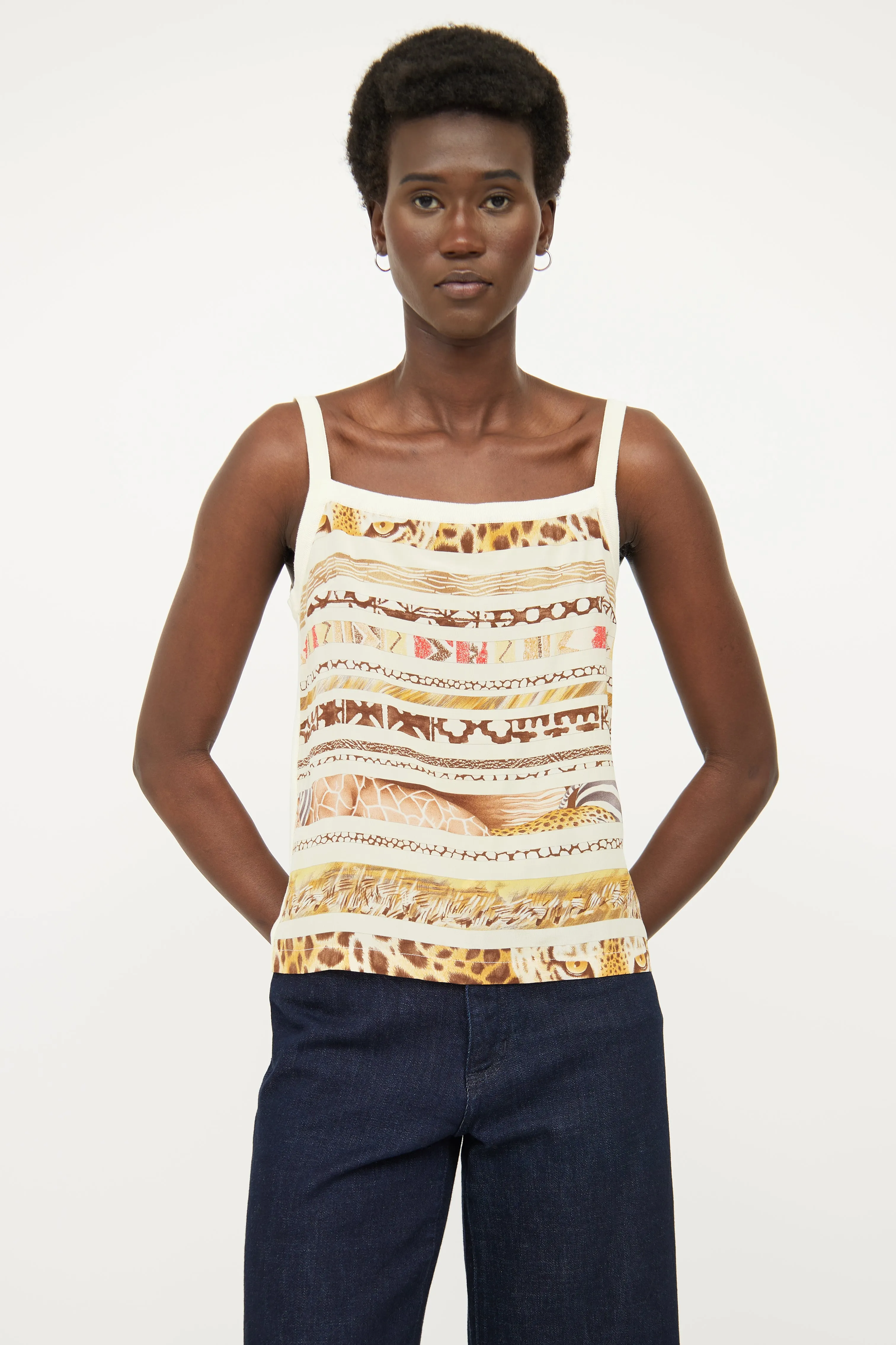 Cream Printed Silk Panel Top