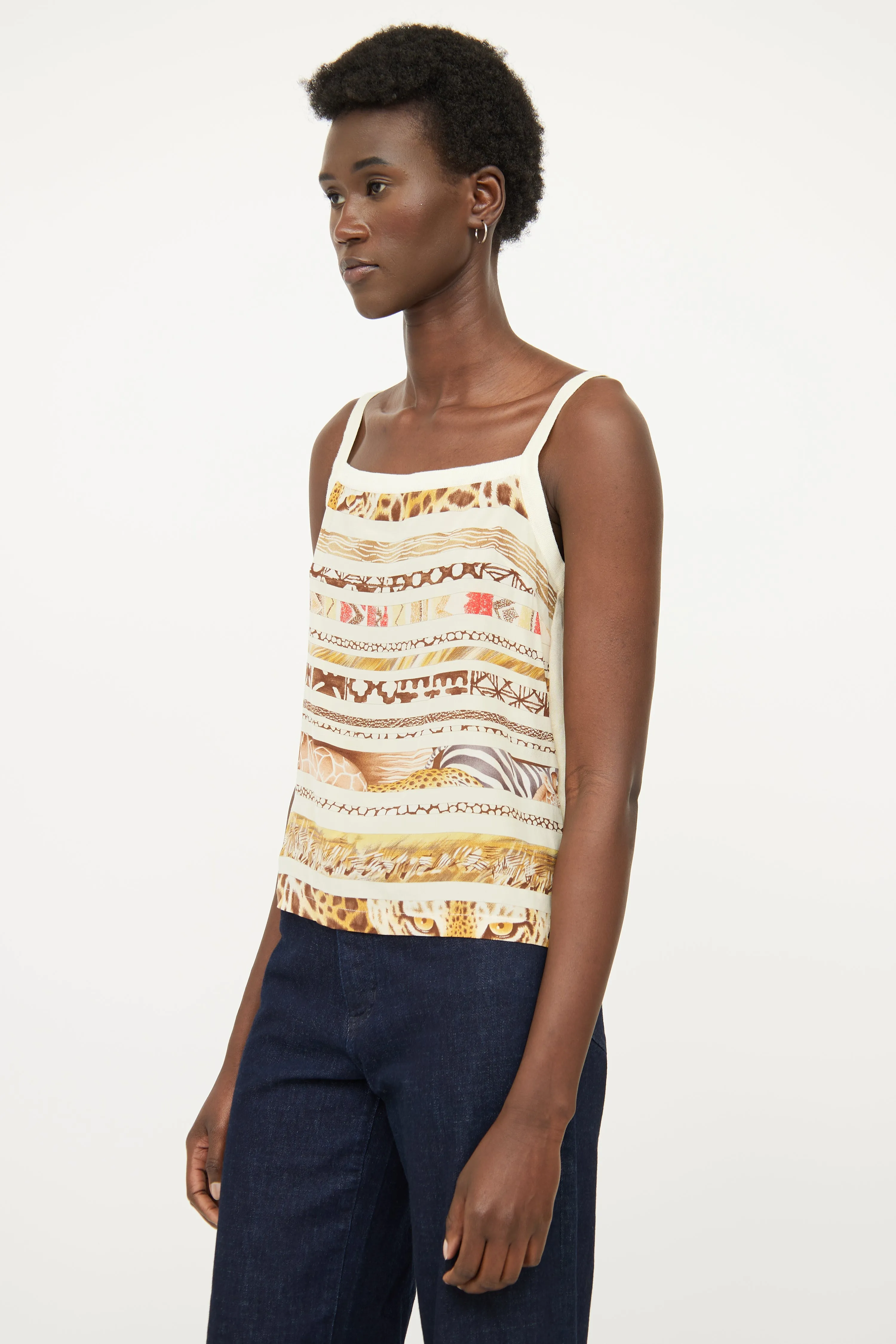 Cream Printed Silk Panel Top