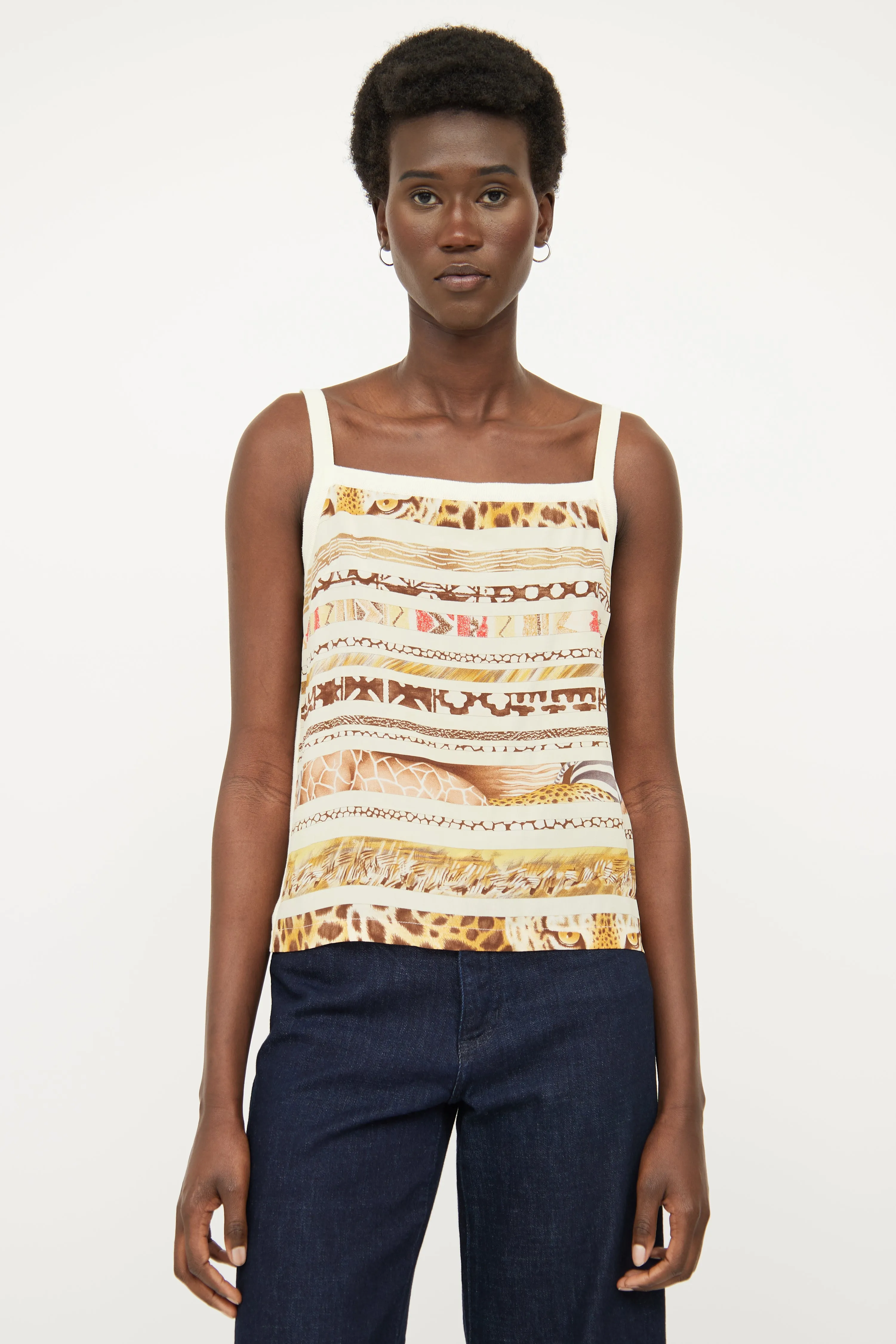 Cream Printed Silk Panel Top