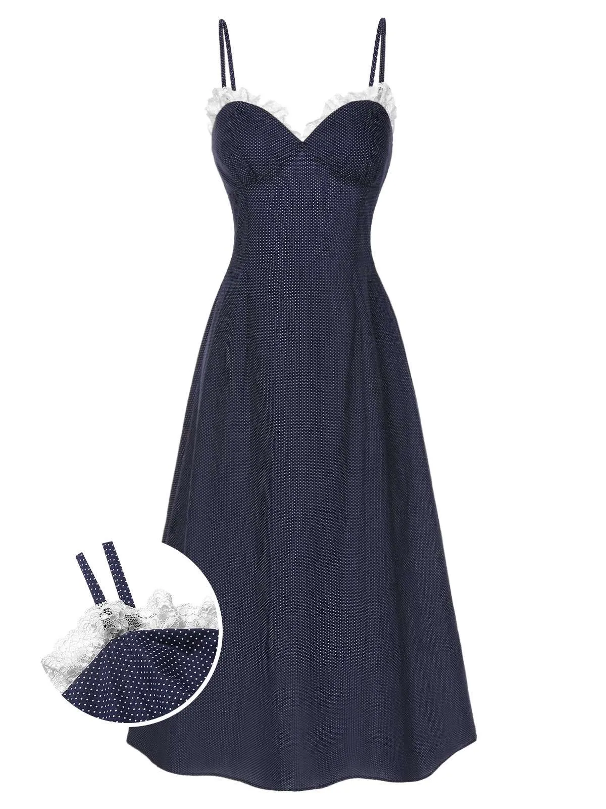 Dark Blue 1930s Polka Dots Spaghetti Straps Dress