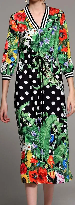 Floral & Polka Dot Print Drawstring Dress