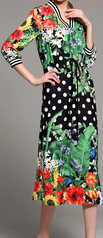 Floral & Polka Dot Print Drawstring Dress