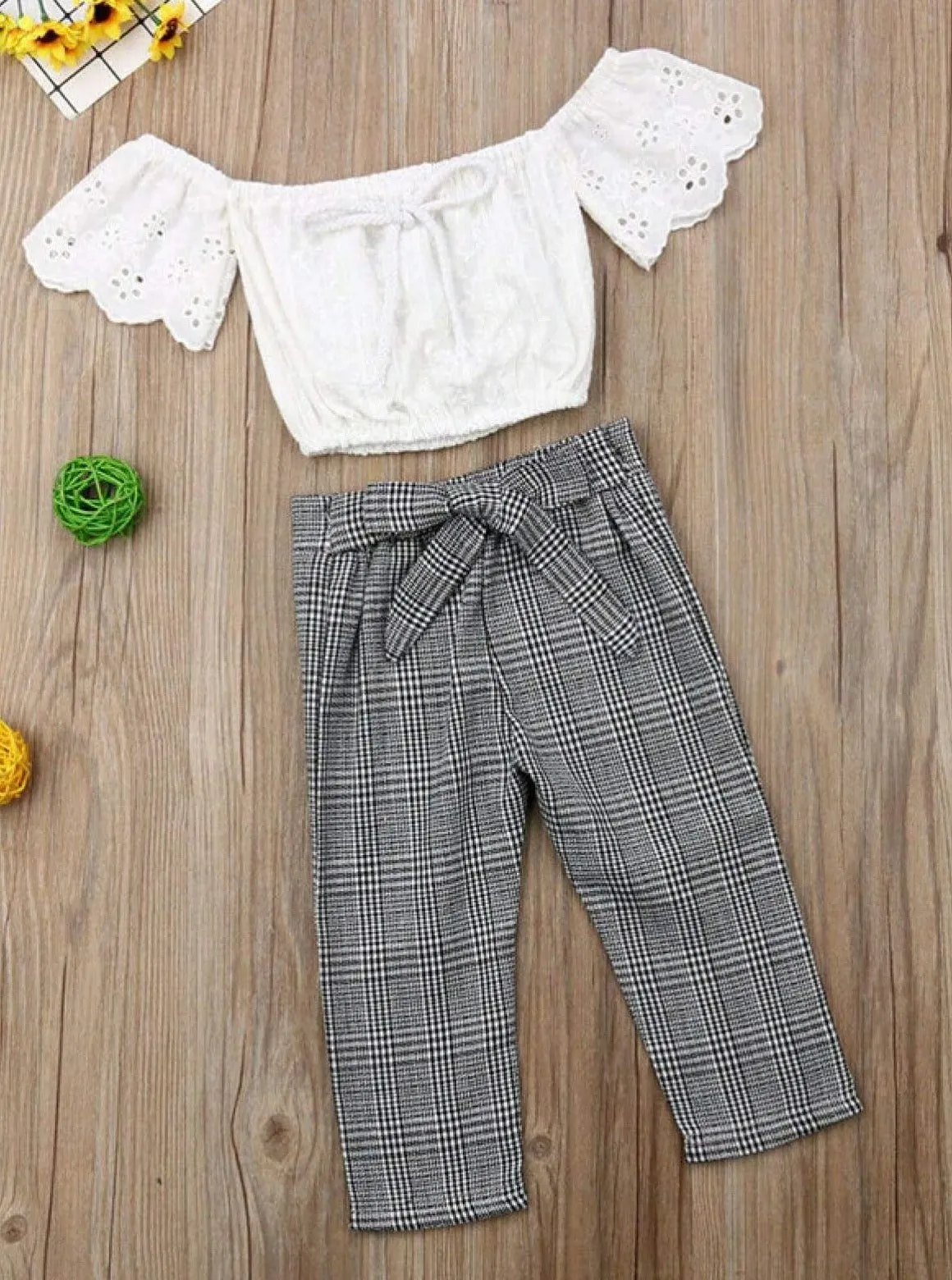 Girls White Eyelet Off the Shoulder Top And Plaid Belted Pants Set