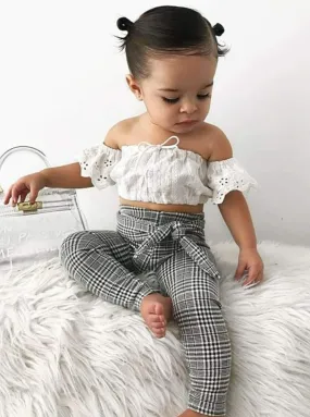 Girls White Eyelet Off the Shoulder Top And Plaid Belted Pants Set