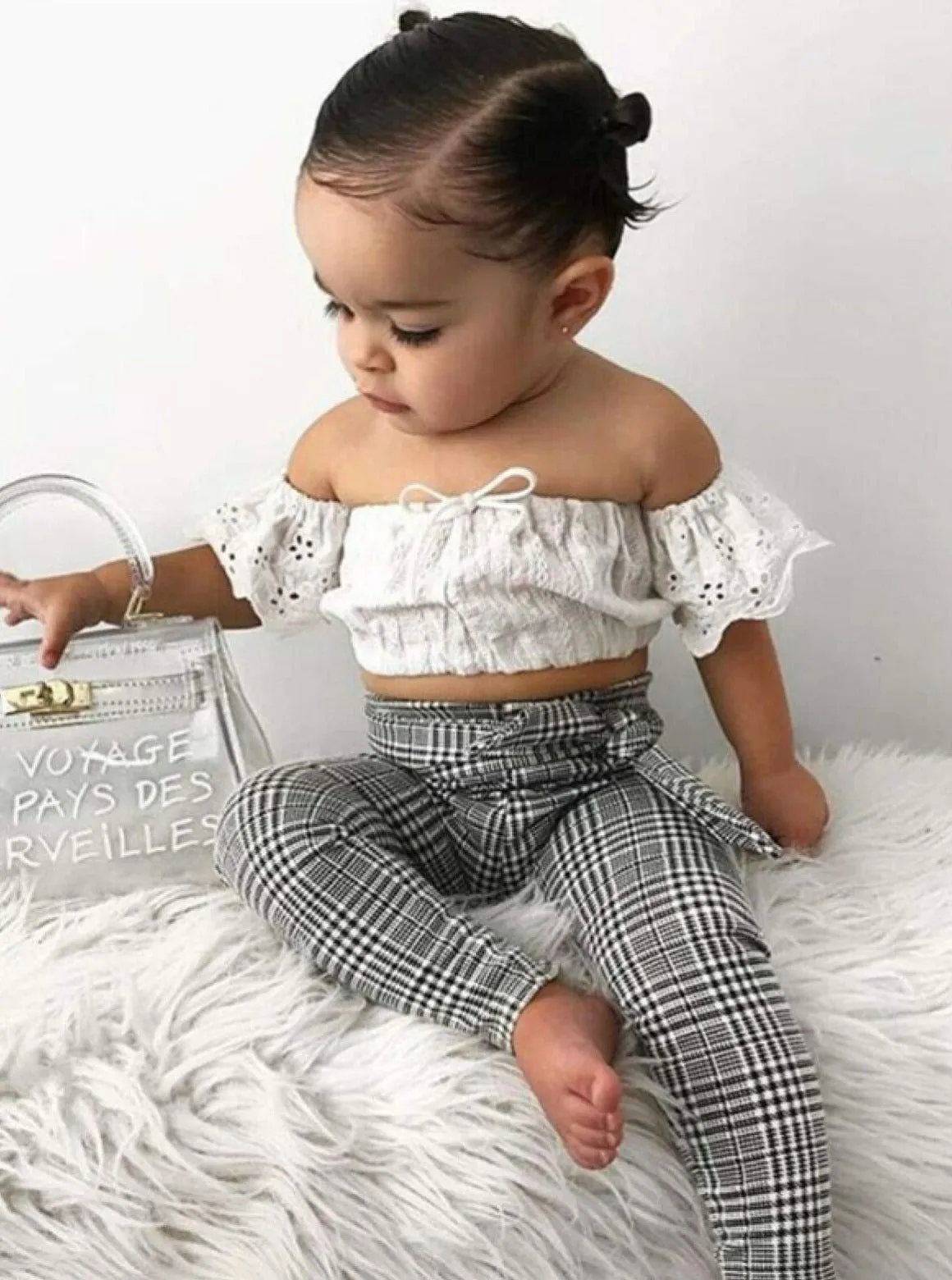 Girls White Eyelet Off the Shoulder Top And Plaid Belted Pants Set