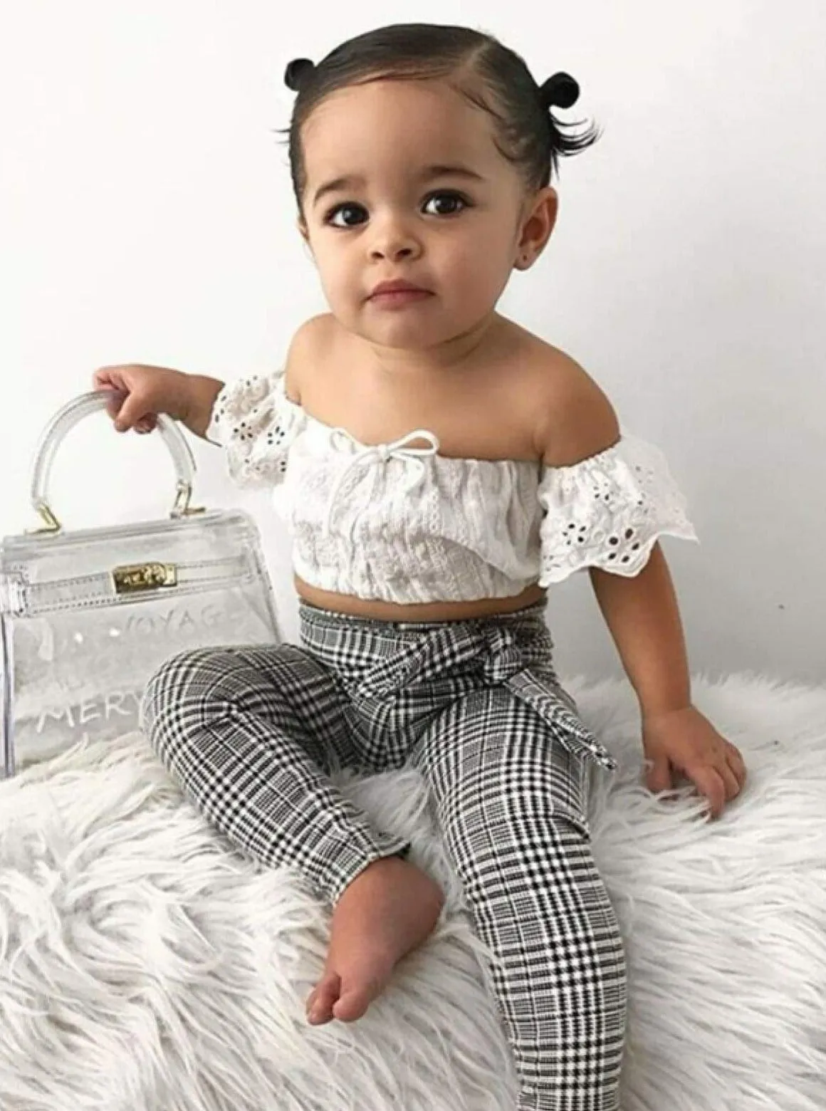 Girls White Eyelet Off the Shoulder Top And Plaid Belted Pants Set