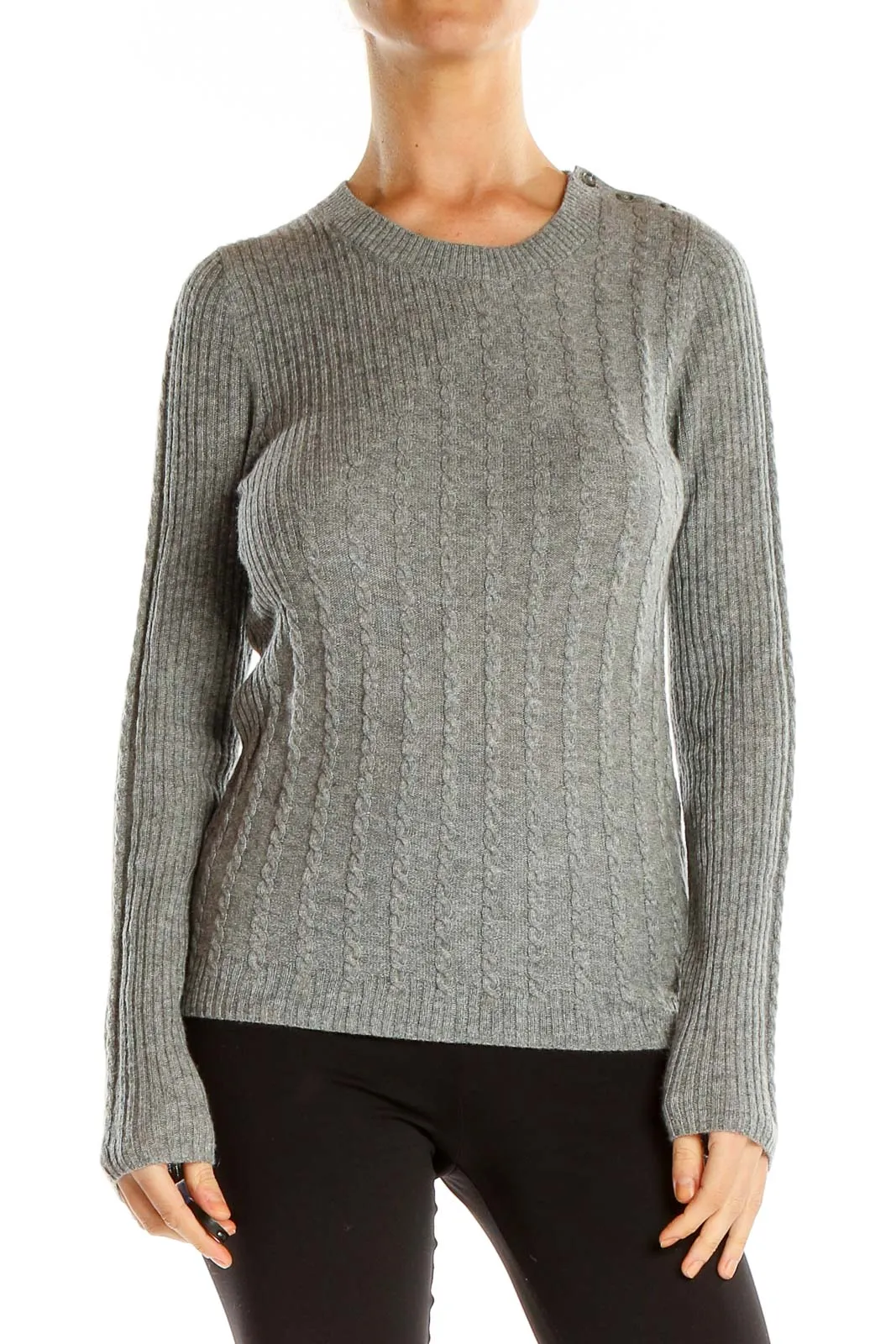 Gray Fitted Cable-Knit Casual Sweater