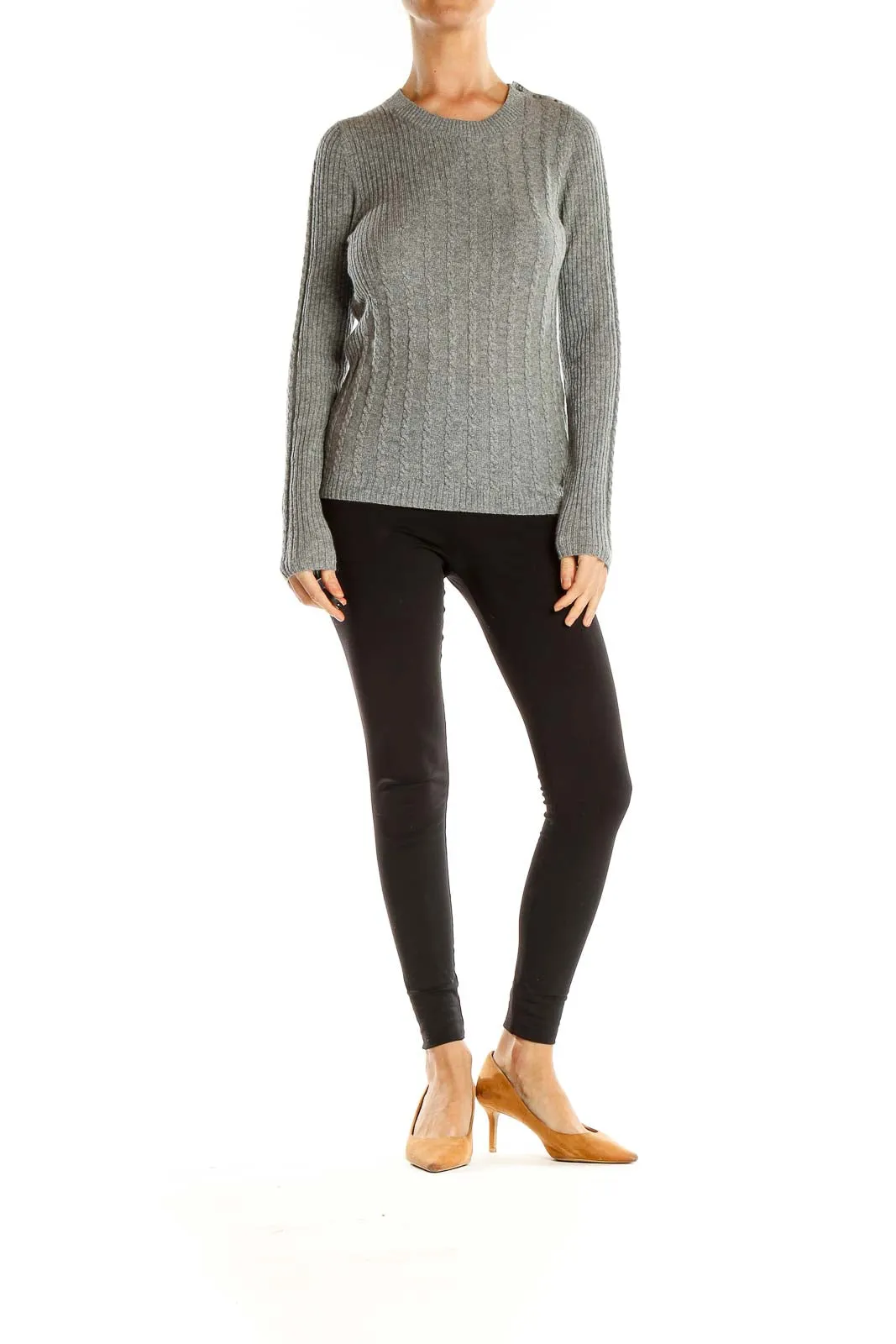 Gray Fitted Cable-Knit Casual Sweater