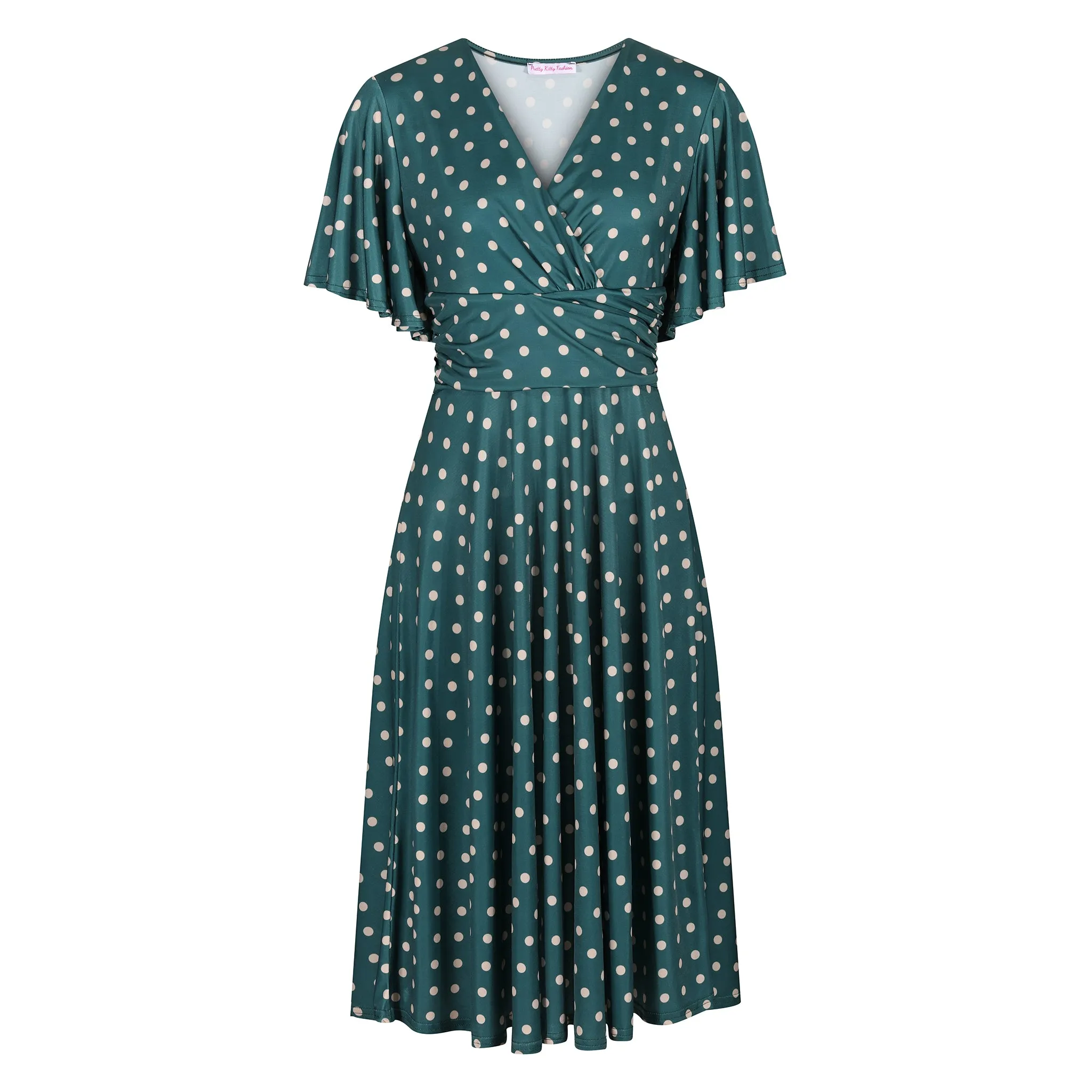 Green & Off White Polka Dot V Wrap Style Swing Dress with Waterfall Sleeves