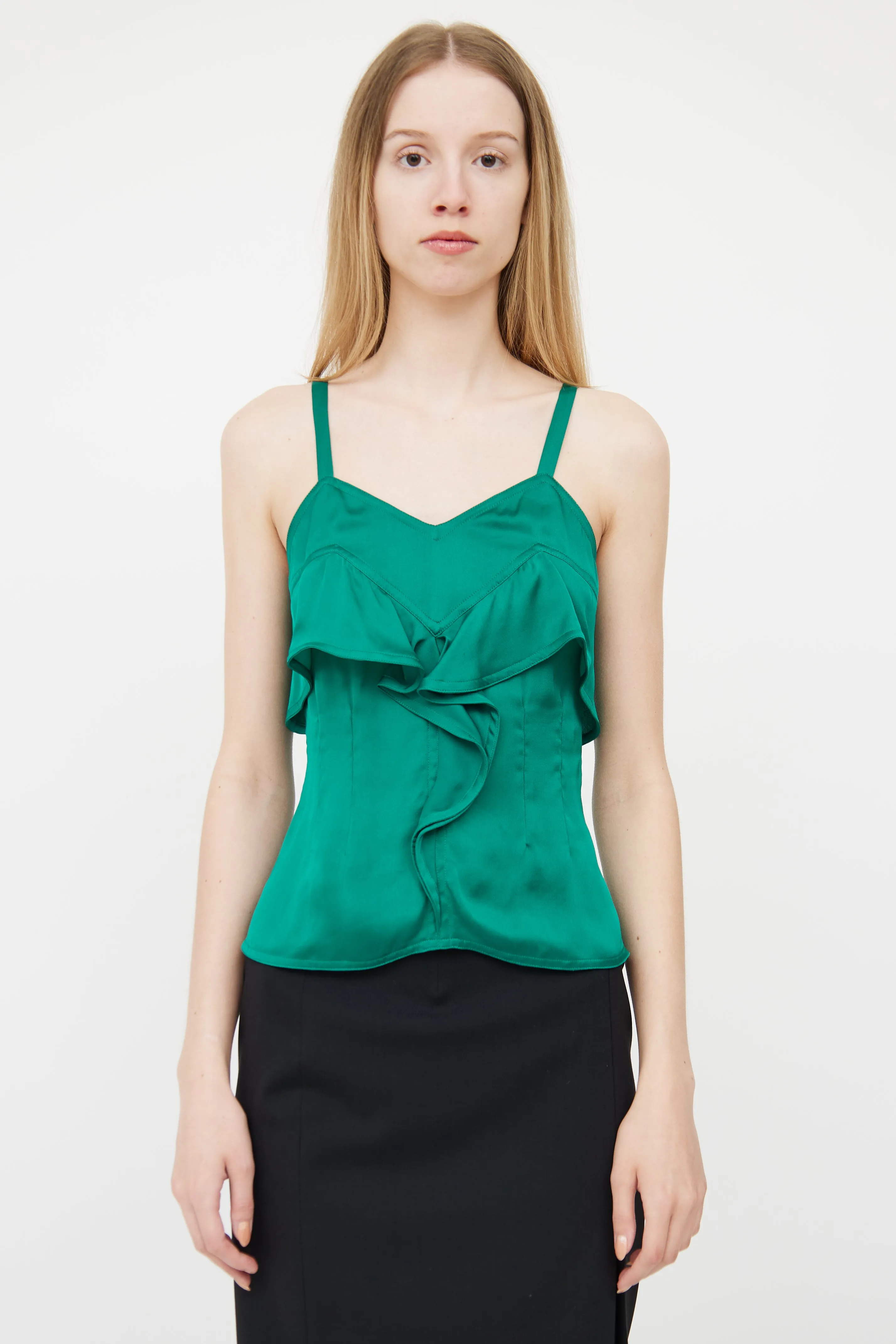 Green Silk Ruffle Top