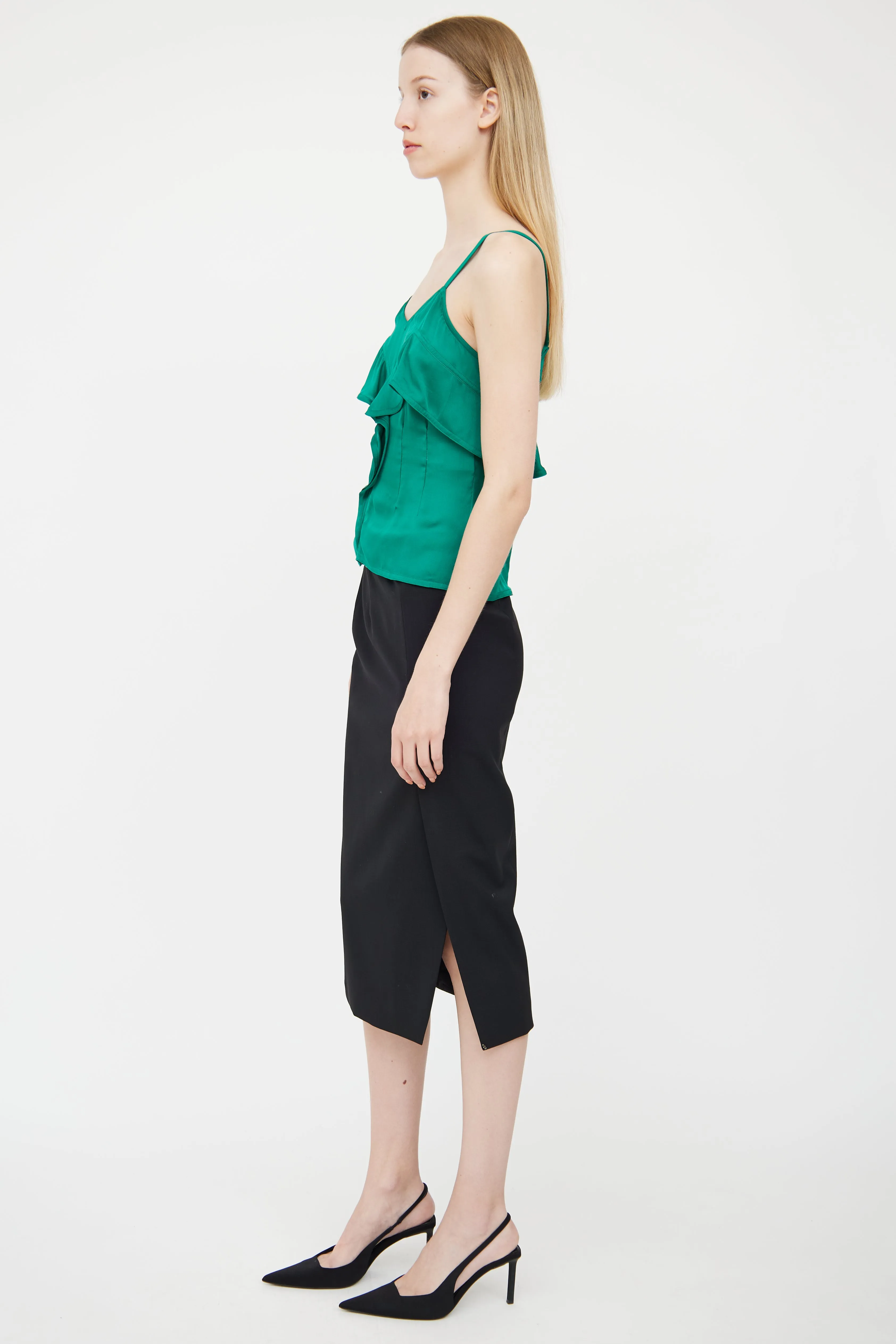 Green Silk Ruffle Top