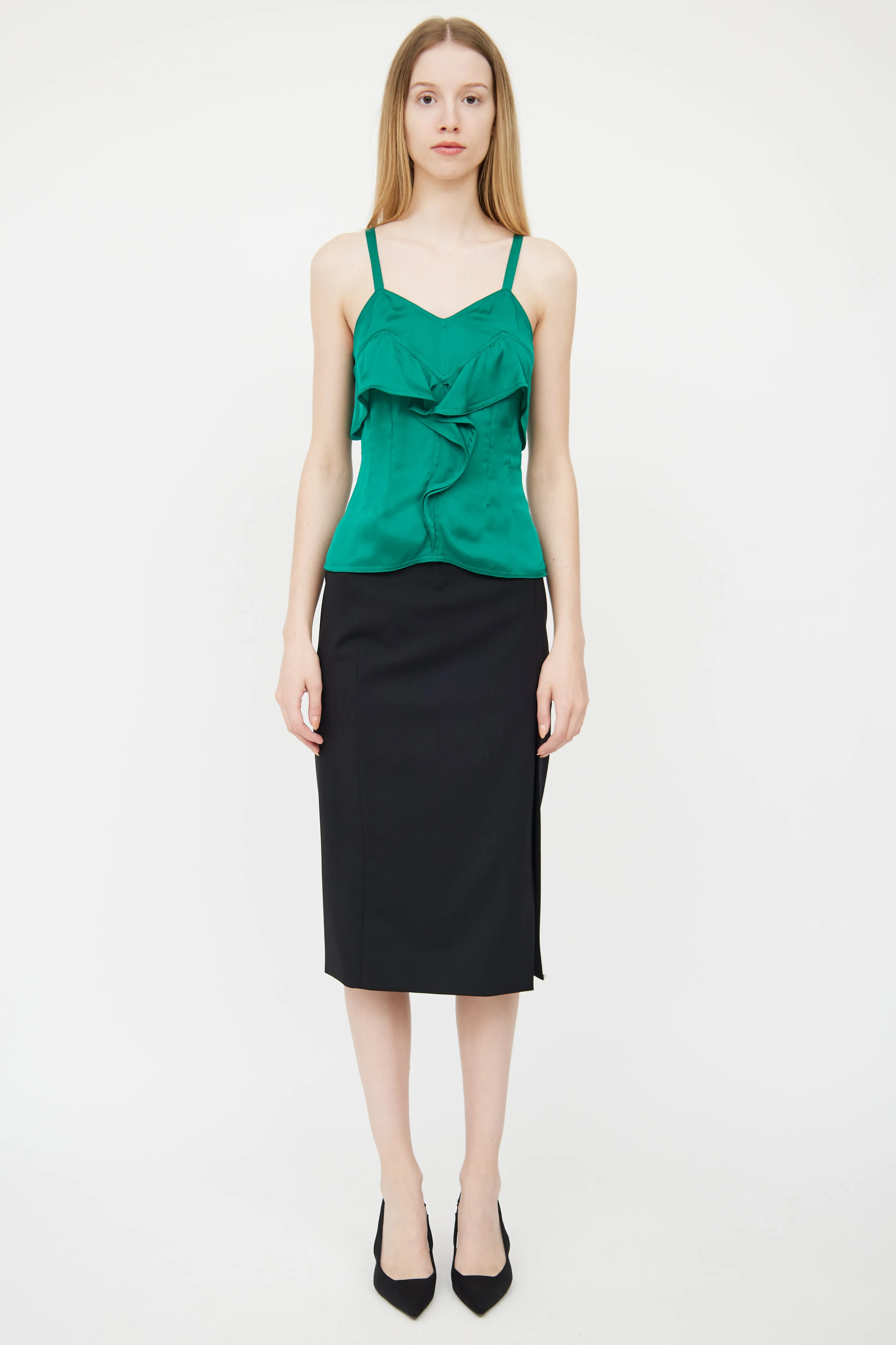 Green Silk Ruffle Top