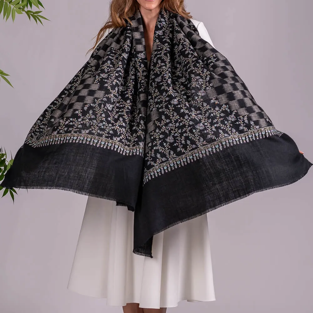 Hand Embroidered Pashmina Cashmere Shawl - Black Ikat