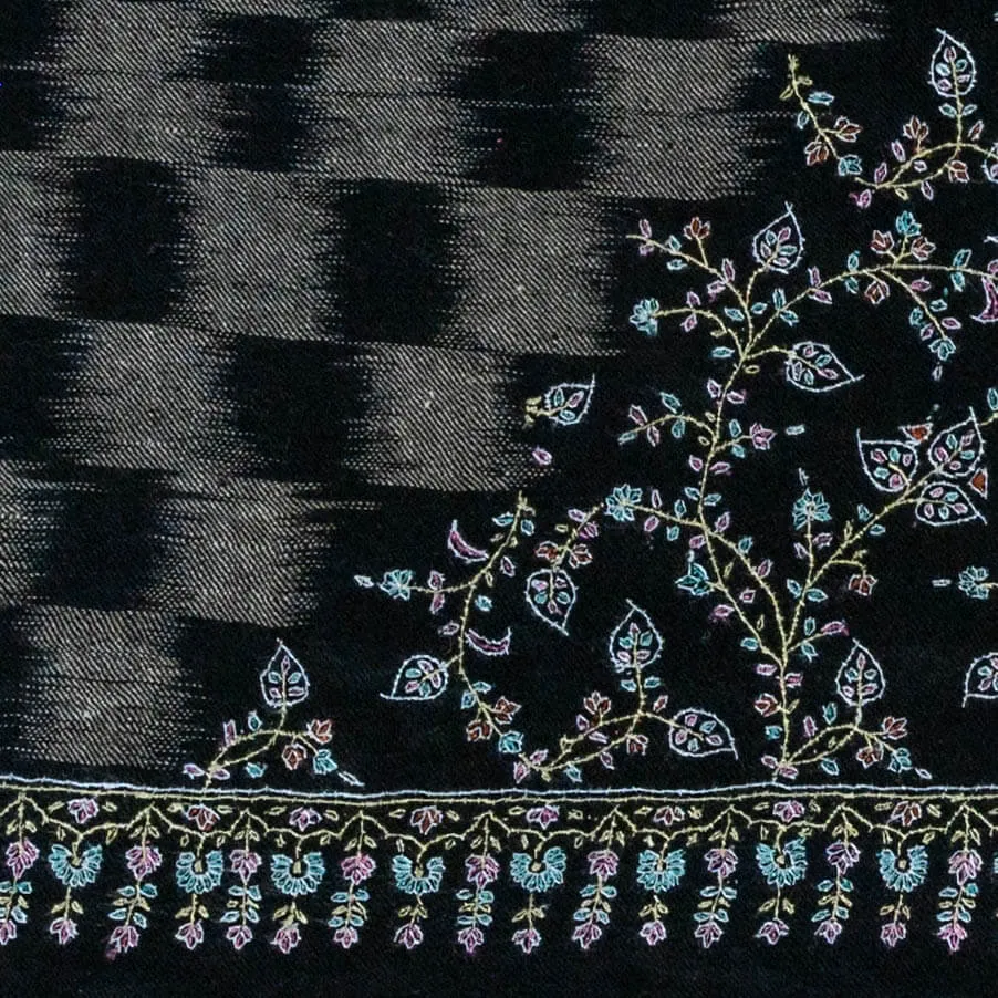 Hand Embroidered Pashmina Cashmere Shawl - Black Ikat