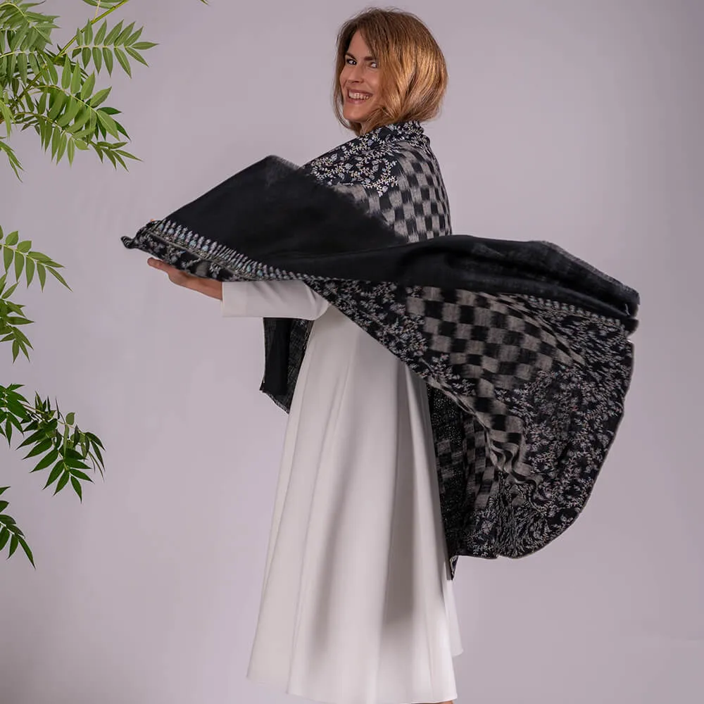 Hand Embroidered Pashmina Cashmere Shawl - Black Ikat