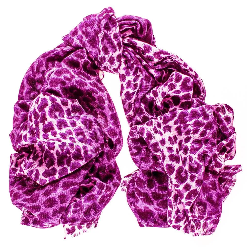 Hot Pink Leopard Print Cashmere and Silk Scarf