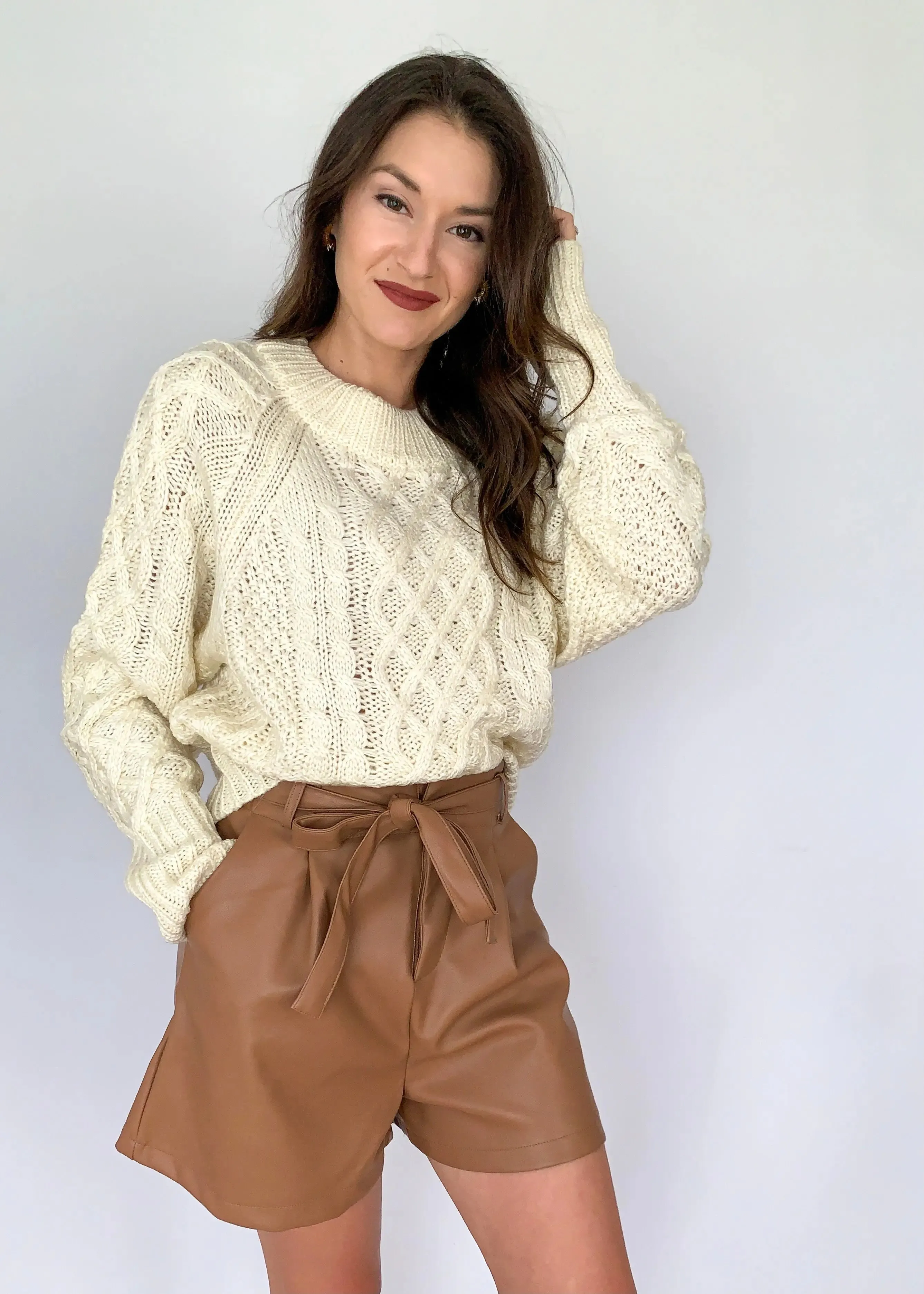 Ivory Raglan Long Sleeve Cable Knit Sweater