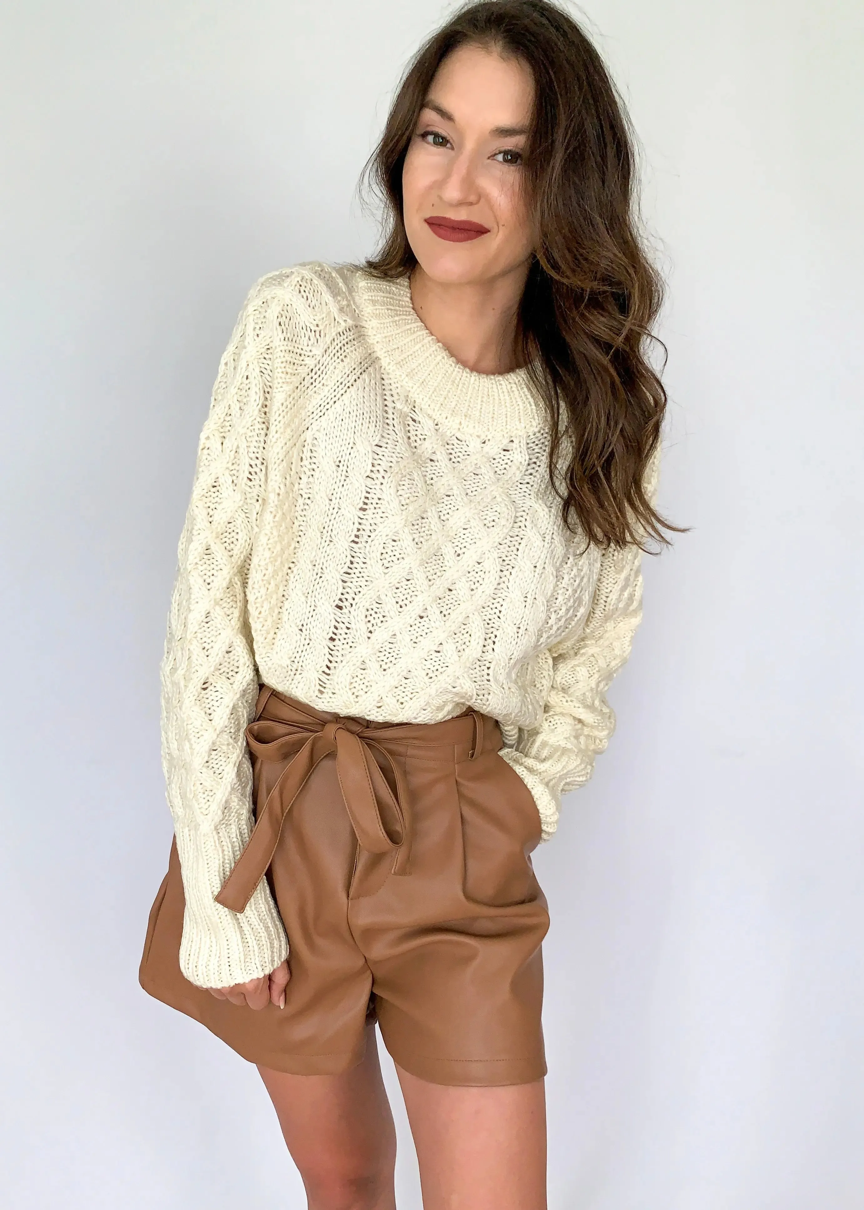 Ivory Raglan Long Sleeve Cable Knit Sweater