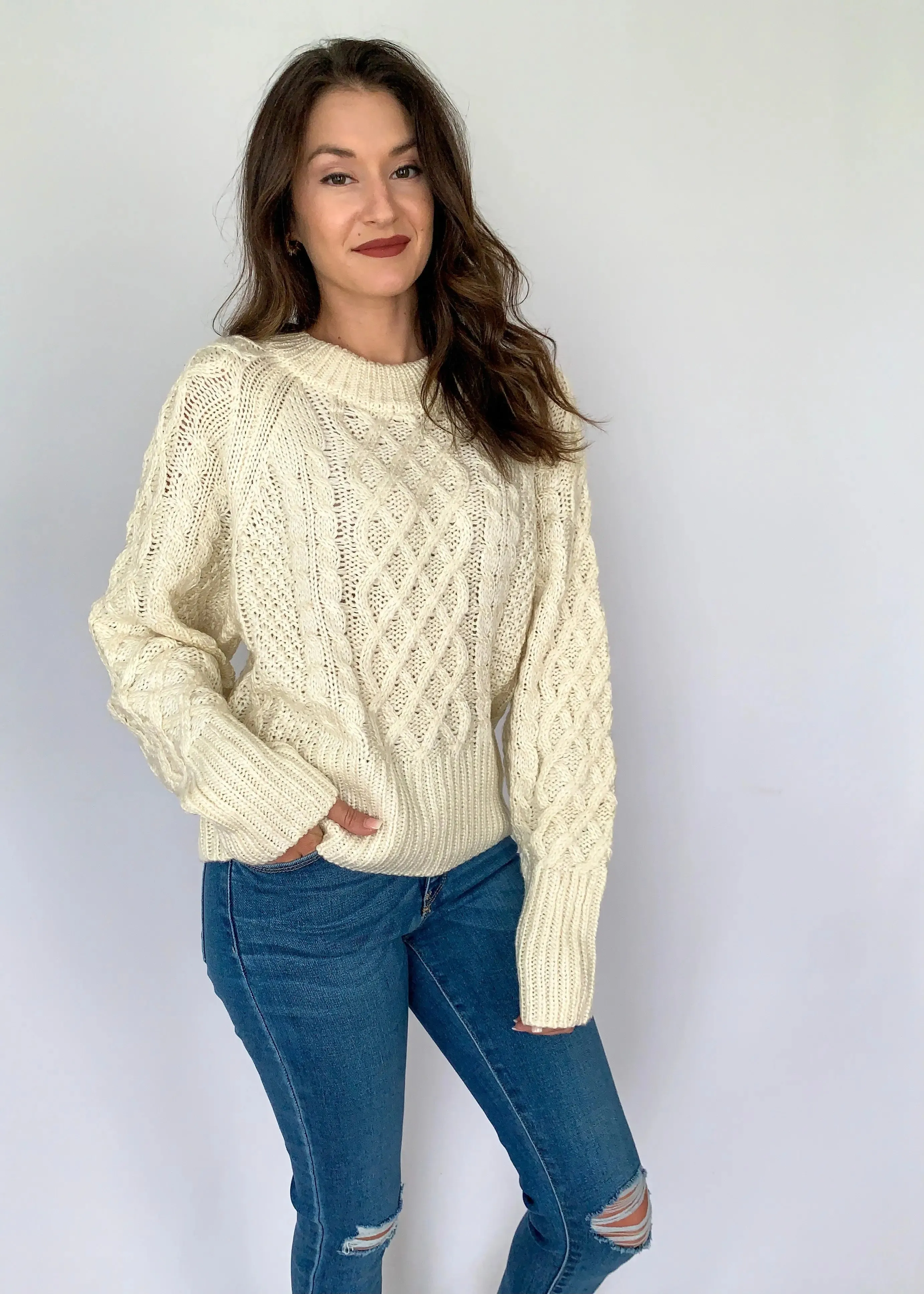 Ivory Raglan Long Sleeve Cable Knit Sweater