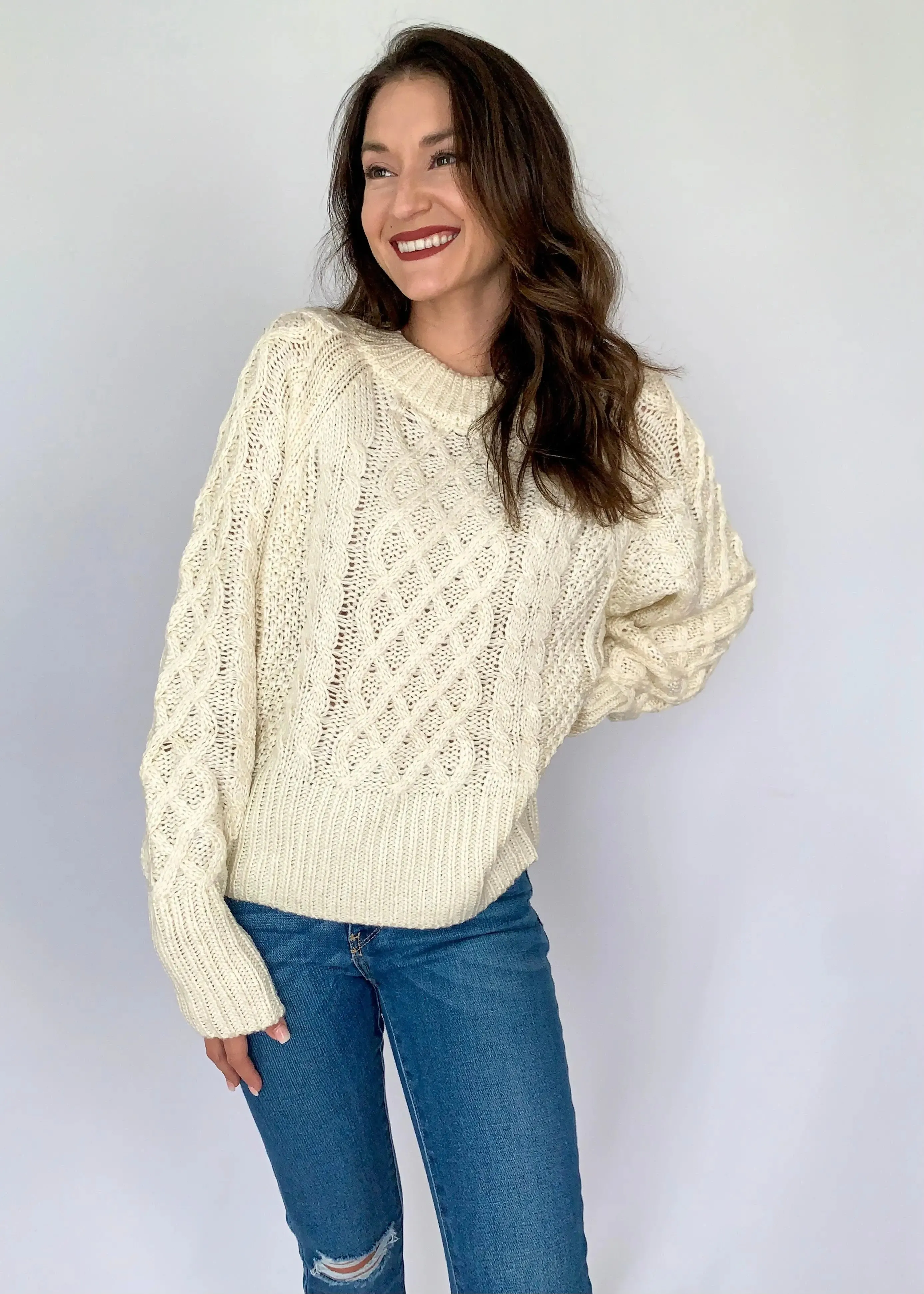 Ivory Raglan Long Sleeve Cable Knit Sweater