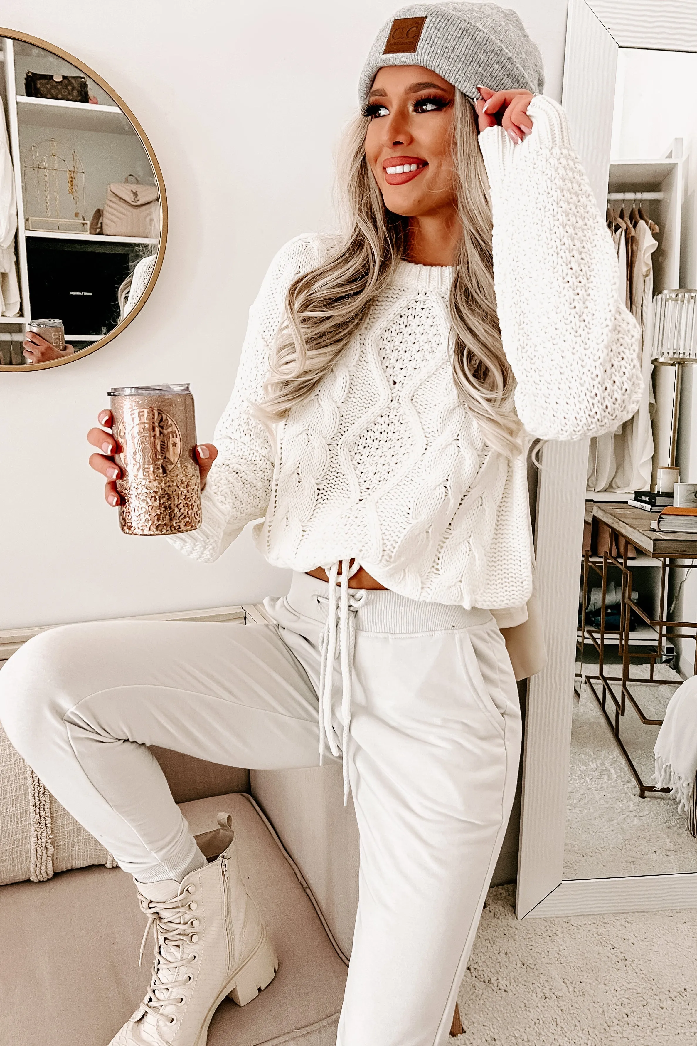 Just For You Cable Knit Drawstring Waist Sweater (Ivory)