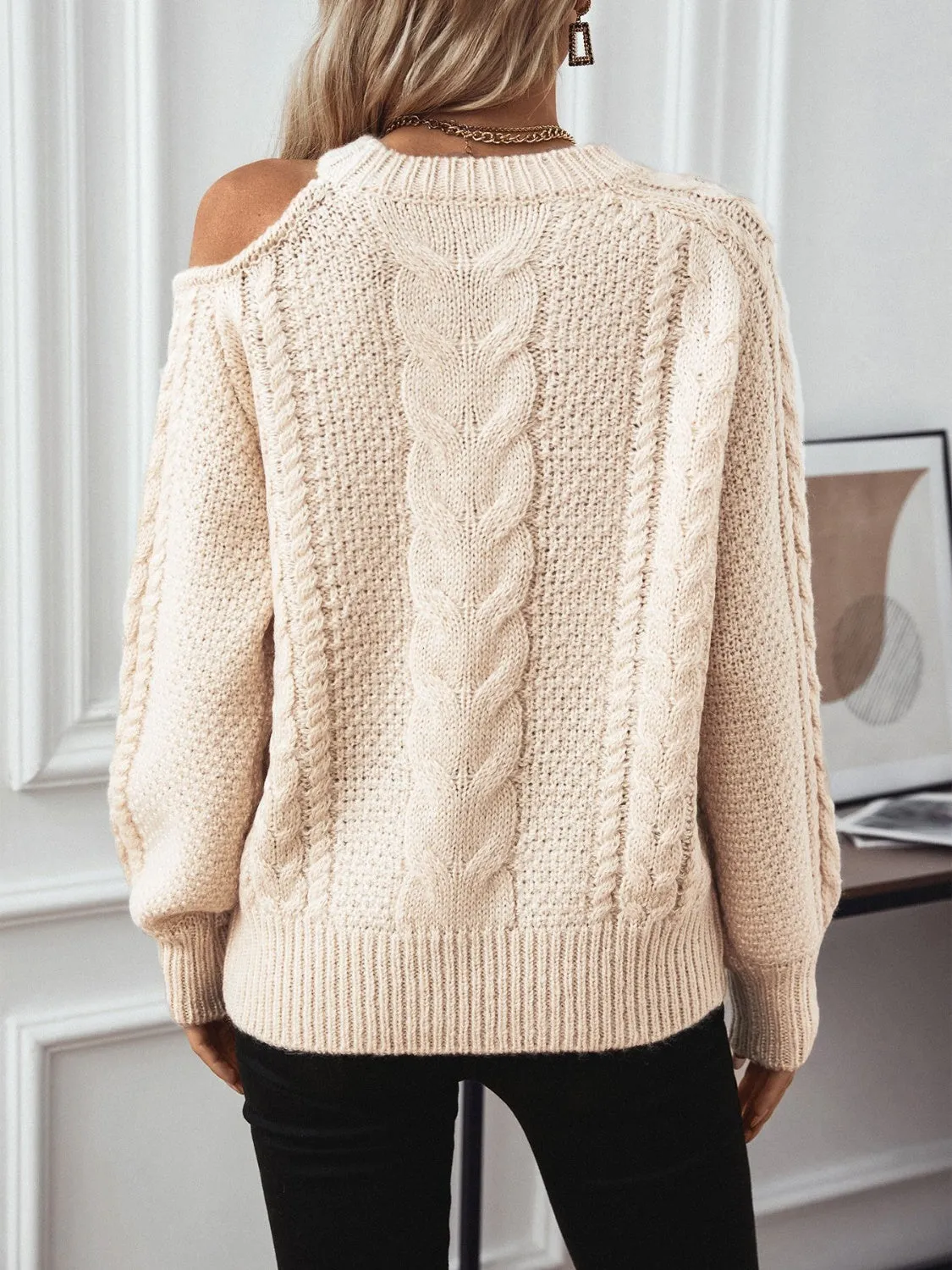 kesley Cable Knit Round Neck Cold Shoulder Sweater